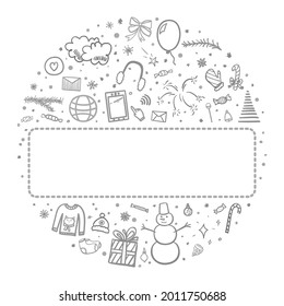 Hand drawn christmas elements. Abstract xmas holiday signs and objects. Freehand drawings. Banner design. Black and white illustration