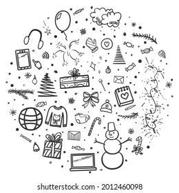 Handgezeichnete Weihnachtselemente. Abstrakte Weihnachtszeichen und -objekte. Freehand Zeichnungen. Bannerdesign. Schwarz-Weiß-Illustration