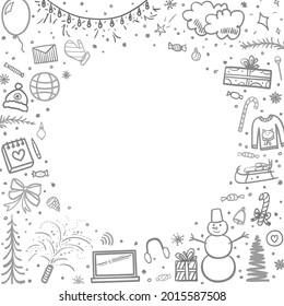 Hand drawn christmas elements. Abstract xmas holiday signs and objects. Freehand drawings. Banner design. Black and white illustration