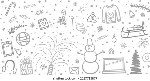 Hand drawn christmas elements. Abstract holiday signs. Freehand xmas drawing. Banner design. Children's winter holidays. Black and white illustration