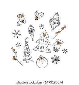 Hand drawn christmas elements collection with tree ball snowflake berries glove sock