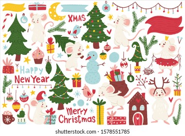 Hand drawn Christmas elements. Color vector mice, trees and different items. Illustration with new year decor. Design for prints and cards.