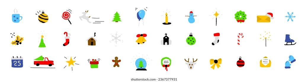 Dibujaron a mano elementos de navidad. conjunto de iconos de color de Navidad