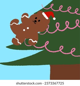 Hand drawn Christmas elements in crayon with Christmas tree and Teddy Bear in Santa hat for Xmas background, wallpaper, banner, card, print, banner, template, social media post, gift wrap, packaging