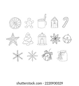 Dibujaron con mano elementos de Navidad. Decoración y restauración. Vector.