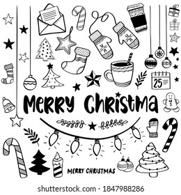 Hand drawn Christmas elements. Doodle vector set, decorations with hand lettering calligraphic.