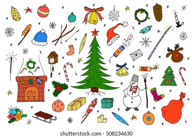 Hand drawn christmas elements in doodle style. Colorful vector collection.