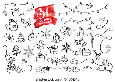 hand drawn Christmas elements doodles. Season greeting decor For your greeting card. Vector illustration