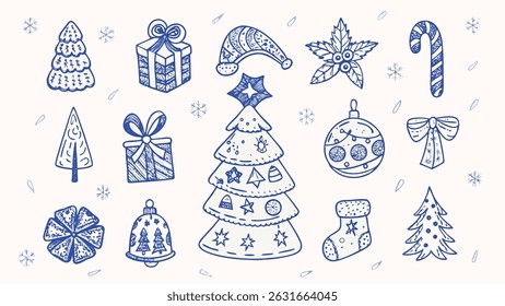 Hand drawn Christmas elements festive illustrations ornaments and holiday icons for winter designs