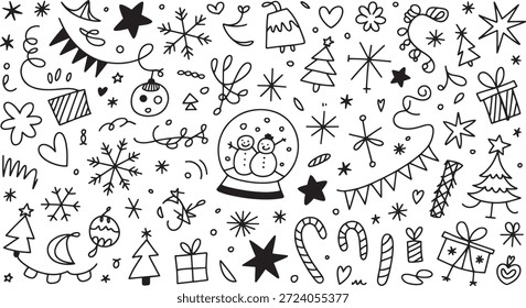 Elementos de natal desenhados à mão, incluindo globos de neve bonecos de neve e árvores de natal em um estilo simples de ilustração preto e branco.