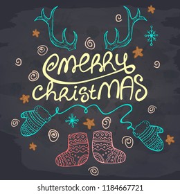 Hand drawn Christmas elements on a chalkboard. Merry Christmas. Template for greeting card, postcard. Vector illustration.