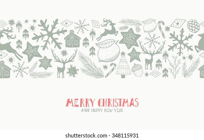 Hand drawn Christmas elements, reindeer with text seamless pattern background.