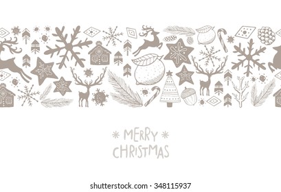 Hand drawn Christmas elements, reindeer with text seamless pattern background.