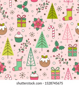 Elementos de navidad dibujados a mano con un patrón impecable con fondo rosa.