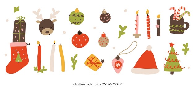 Conjunto de Elementos de Navidad dibujados a mano aislados sobre un fondo transparente. Navidades felices y artes ingenuas del Clip del Año Nuevo feliz para la tarjeta de felicitación. Ilustraciones de diseño plano de Vector