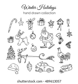 Hand Drawn Christmas Elements Set. Winter Holidays Illustrations. Xmas Doodle Collection. Santa Claus and Deer Vector Design. Christmas and New Year Sketch Set.