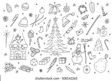 Hand drawn christmas elements set.Vector illustration in doodle style.