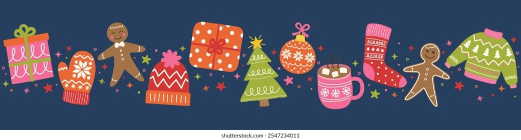 Hand drawn Christmas elements. Christmas tree, ball, present, sock, cookie, cup, hat, gloves. Vector illustration