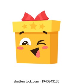 Hand drawn Christmas Emoji Gift Box on white background. Creative flat art. Actual vector drawing decorations. Cartoon Character Emoticon