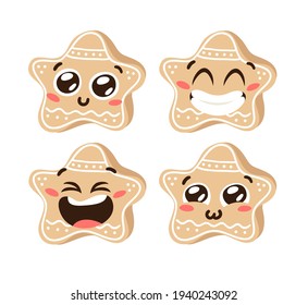Hand drawn Christmas Emoji Gingerbread Cookie Star on white background. Creative flat art. Actual vector drawing decorations. Cartoon Character Emoticon