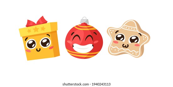 Hand drawn Christmas Emoji Gingerbread Cookie Star, Ball and Gift Box on white background. Creative flat art. Actual vector drawing decorations. Cartoon Character Emoticon