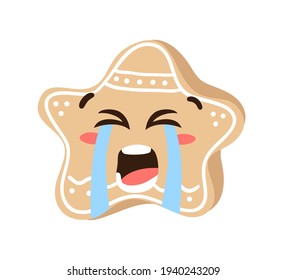 Hand drawn Christmas Emoji Gingerbread Cookie Star on white background. Creative flat art. Actual vector drawing decorations. Cartoon Character Emoticon