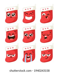 Hand drawn Christmas Emoji Socks on white background. Creative flat work. Actual vector drawing decorations. Cartoon Character Emoticon