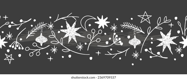 Borde interminable de Navidad dibujado a mano con elementos de doodle.Patrón inexorable con ramas lineales, estrellas gráficas, copos de nieve y puntos de mano libres.Banner vectorial horizontal blanco negro para las vacaciones de invierno.