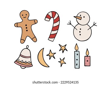 Hand drawn Christmas festive elements: snowman, bell, gingerbread man, candles, candy, moon and stars. Festive illustration isolated on white. Colored flat vector set. New Year celebration collection