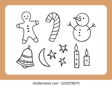 Hand drawn Christmas festive elements: snowman, bell, gingerbread man, candles, candy, moon and stars. Festive illustration isolated on white. Linear flat vector set. New Year celebration collection