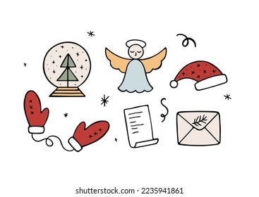Elementos festivos de Navidad dibujados a mano: ángel, letra, sobre, sombrero, mitones y bola de nieve. Ilustración festiva aislada en blanco. Conjunto de vector plano de color. Colección de celebraciones de Año Nuevo