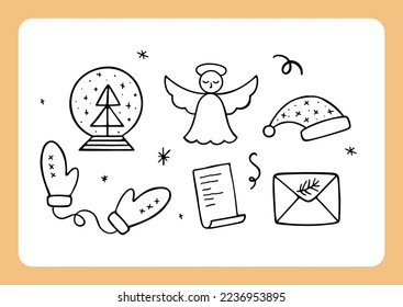 Hand drawn Christmas festive elements: angel, letter, envelope, hat, mittens and snowball. Festive illustration isolated on white. Linear flat vector set. New Year celebration collection