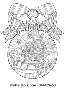 Hand drawn Christmas fir tree glass ball doodle sketch sledge . Sleighs, gift boxes,  Christmas tree. Vector illustration isolated.