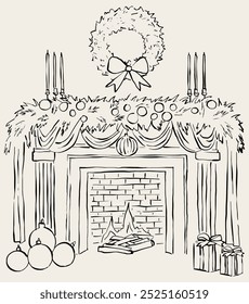 Hand drawn Christmas fireplace. Christmas illustration for cards, invitations, stationery or social media. Vector.