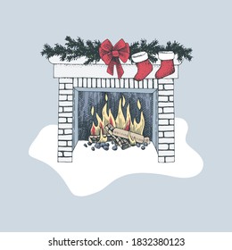 Hand drawn Christmas fireplace. Vector illustration