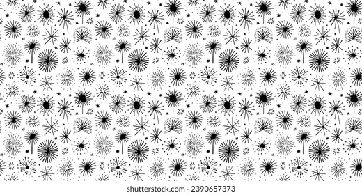 Hand drawn christmas firework seamless pattern illustration. Black and white doodle drawing background for festive xmas celebration event. Holiday texture print, december decoration wallpaper.