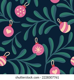 Hand drawn christmas floral pattern. Seamless leaves and ball ornaments vector background. Elegant colorful template for fashion print, fabric or wallpaper.