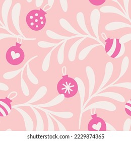 Hand drawn christmas floral pattern. Seamless leaves and ball ornaments vector background. Elegant colorful template for fashion print, fabric or wallpaper.