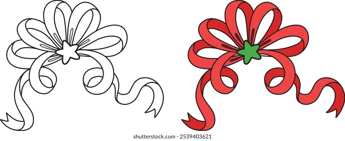 Fita de arco vermelho floral de Natal desenhada à mão com espessura de linha editável. Ilustração vetorial.