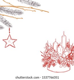Hand drawn Christmas flower arrangement with candles. Vector background.