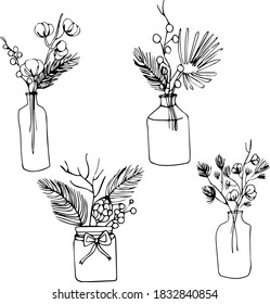 Hand drawn christmas flower and plant bouquet in bottles. Vector decor winter illustration. Illustration sketch collection romantic vase