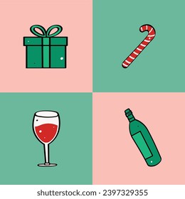 Hand Drawn Christmas Food, Drink And Gift Set Vector Design.