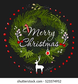 Hand drawn Christmas frame card. Christmas wreath with a wish of Merry Christmas. Vector illustration.