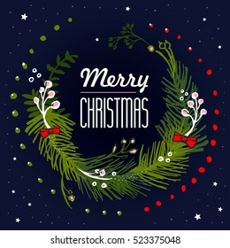 Hand drawn Christmas frame card. Christmas wreath with a wish of Merry Christmas. Vector illustration.