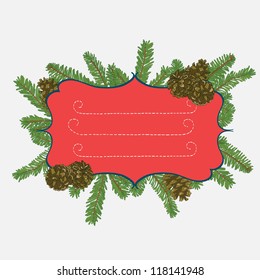 Hand drawn christmas frame design with fir tree branches and pine cones. vector illustration.