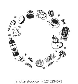 Hand drawn Christmas frame of food: candy cane, pudding, gingerbread cookies, tea or coffee, latte, chocolate, wine on white background. Creative Holidays ink art work. Actual vector doodle drawing