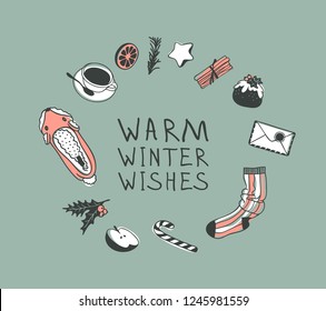 Hand drawn Christmas frame of slippers, cup of tea or coffee, candy cane, pudding, gingerbread cookies, letter, sock on green background. Creative Holidays ink art work. Actual vector doodle drawing