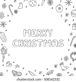 Hand drawn christmas frame.Vector illustration in doodle style.