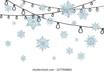 Hand drawn christmas garland illustration on background with snowflakes template. Sketch black and white background illustration icon doodle. Greeting card invitation with xmas lamp. Vintage