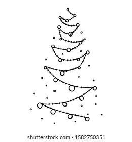 Hand drawn christmas garland illustration. Sketch black and white background illustration icon doodle. Greeting card invitation with xmas lamp. Vintage illustration.